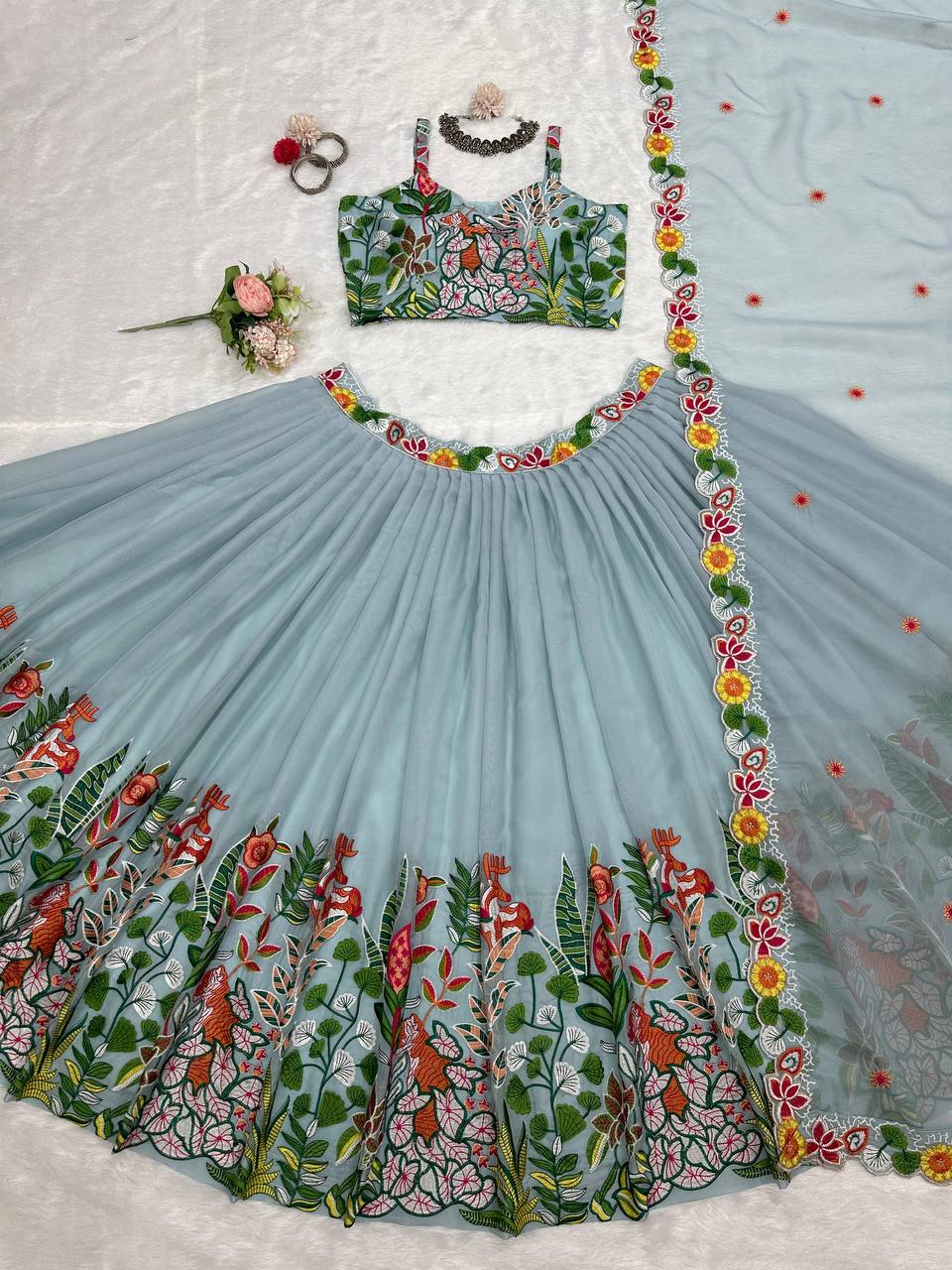 Pastel Sky Elegant Tabby Organza Semi-Stitched Lehengha Set with Thread Embroidery Cutwork Dupatta