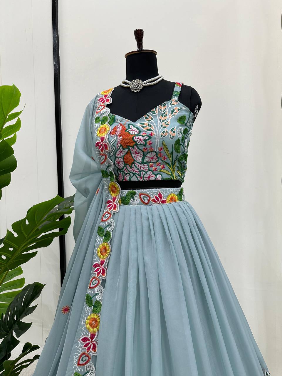 Pastel Sky Elegant Tabby Organza Semi-Stitched Lehengha Set with Thread Embroidery Cutwork Dupatta