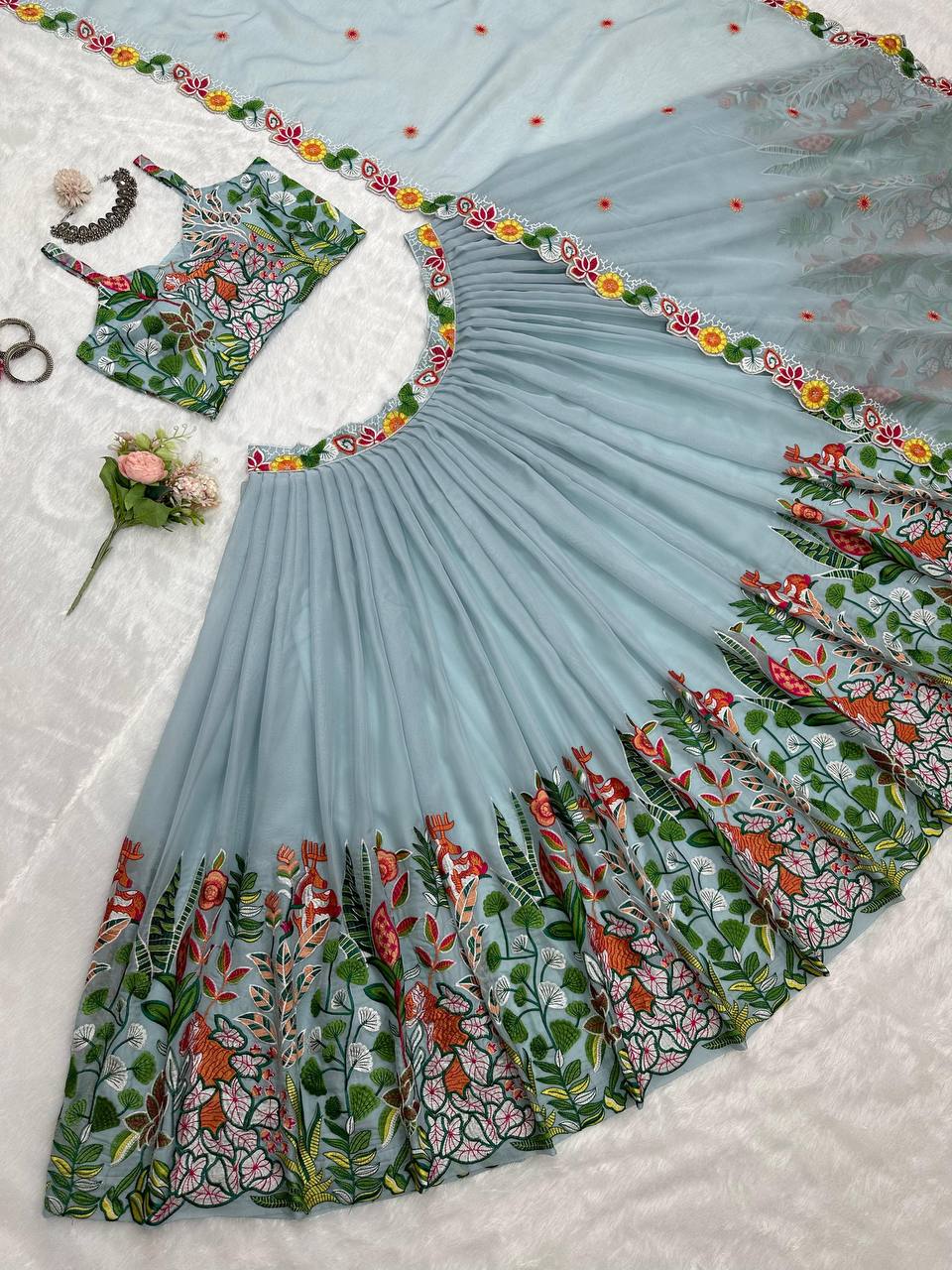 Pastel Sky Elegant Tabby Organza Semi-Stitched Lehengha Set with Thread Embroidery Cutwork Dupatta
