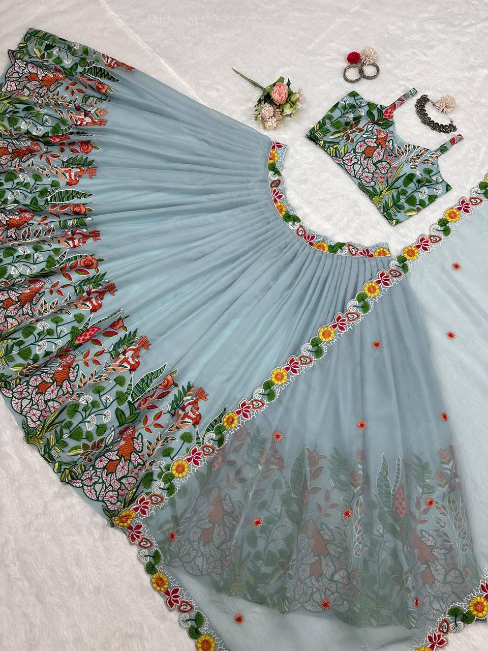 Pastel Sky Elegant Tabby Organza Semi-Stitched Lehengha Set with Thread Embroidery Cutwork Dupatta