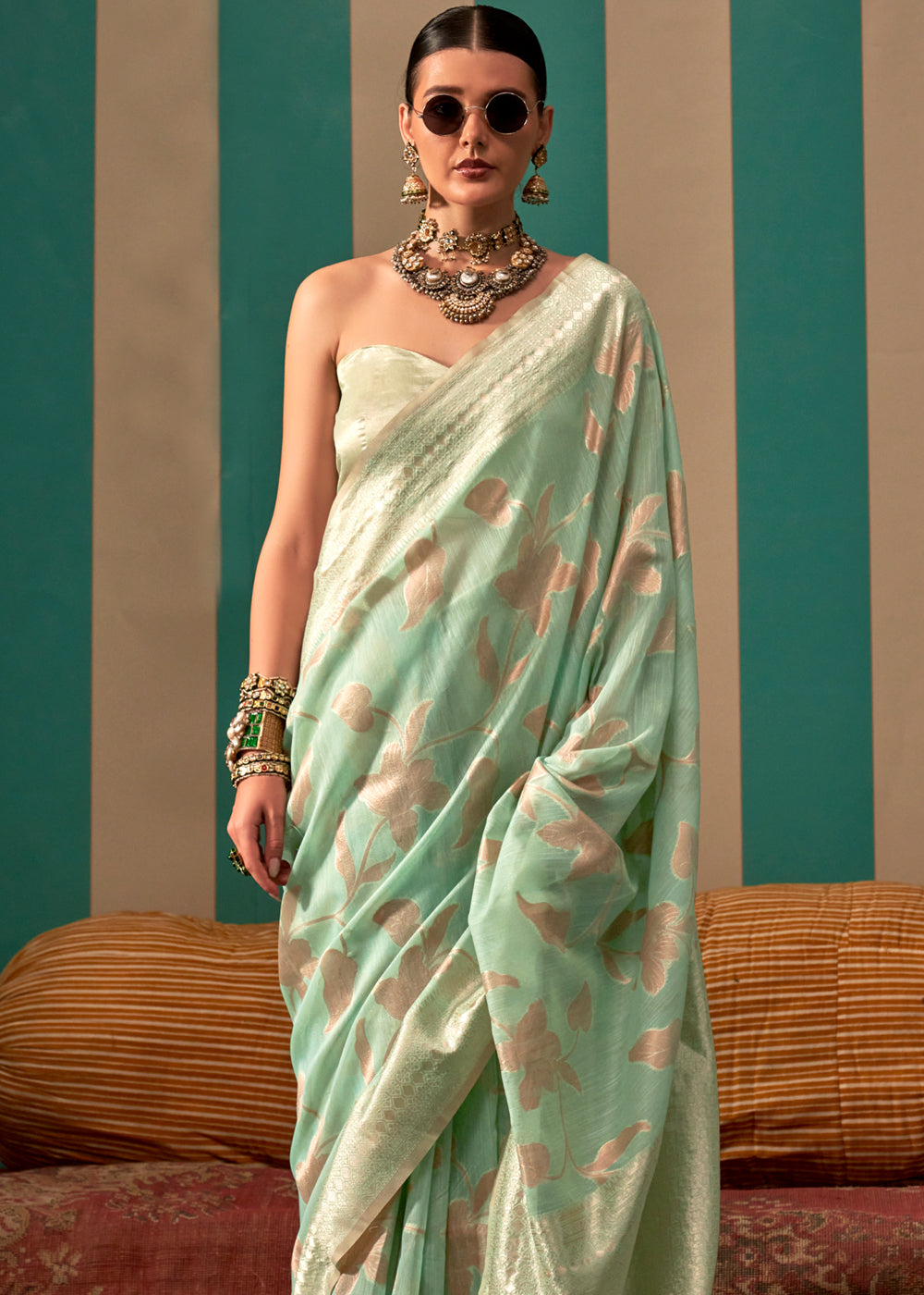 Pastel Sky Woven Cotton Silk Blend Linen Saree with Unstitched Blouse
