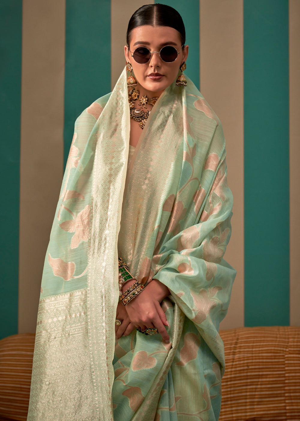 Pastel Sky Woven Cotton Silk Blend Linen Saree with Unstitched Blouse