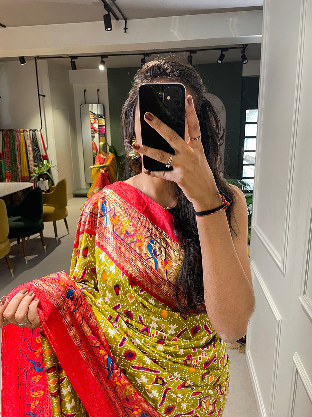 Mehendi Color Patola Paithani Printed with Foil Work Dola Silk Saree