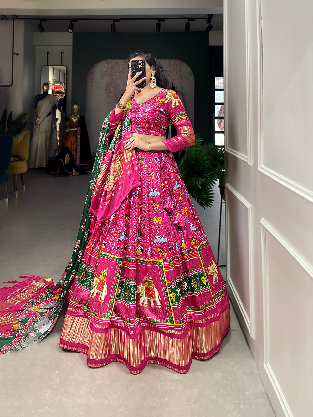 Rani Pink Color Digital Printed With Lagadi Patta Gaji Silk Lehenga Choli