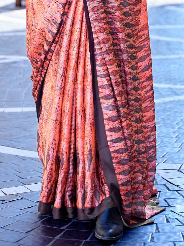 Peach Digital Print Saree in Satin Silk Blend – Party & Wedding Wear