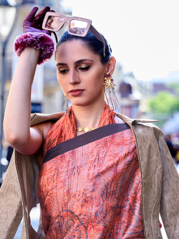 Peach Digital Print Saree in Satin Silk Blend – Party & Wedding Wear