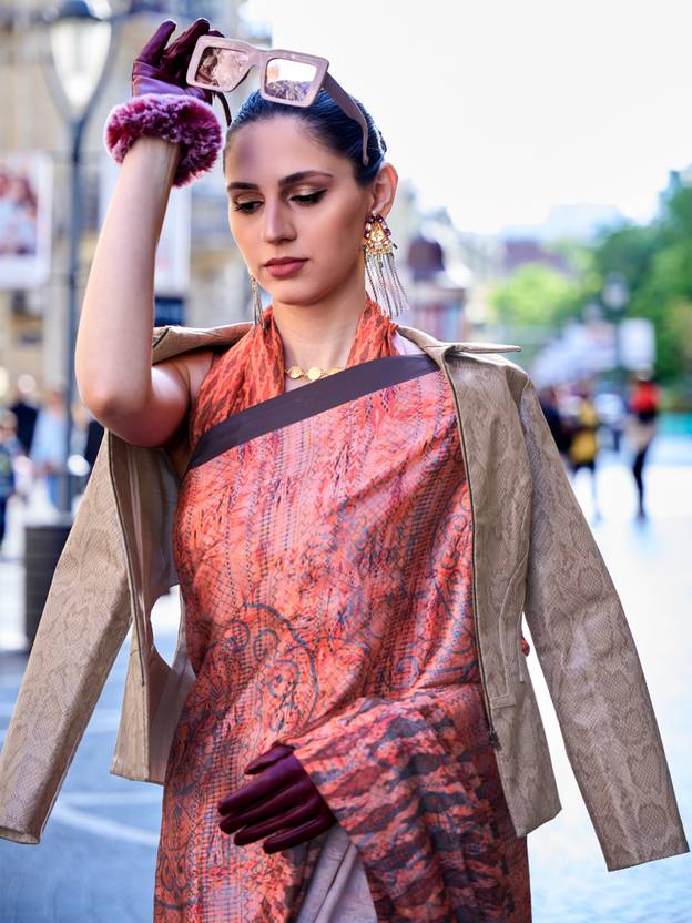 Peach Digital Print Saree in Satin Silk Blend – Party & Wedding Wear
