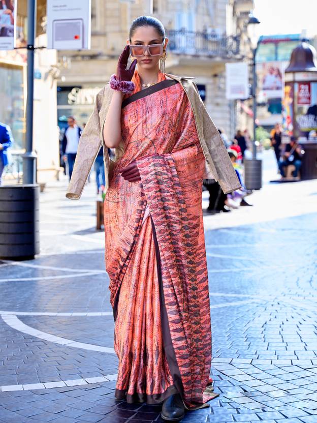 Peach Digital Print Saree in Satin Silk Blend – Party & Wedding Wear
