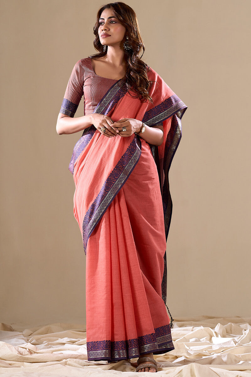 Peach Elegant Banarasi Silk Blend Saree with Zari Woven Border
