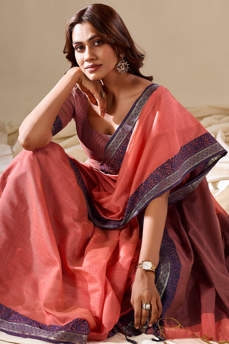 Peach Elegant Banarasi Silk Blend Saree with Zari Woven Border