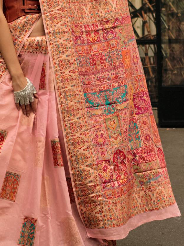 Peach Elegant Banarasi Silk Blend Woven Saree with Unstitched Blouse Piece