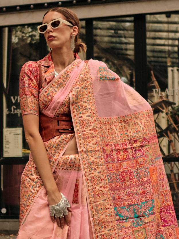 Peach Elegant Banarasi Silk Blend Woven Saree with Unstitched Blouse Piece