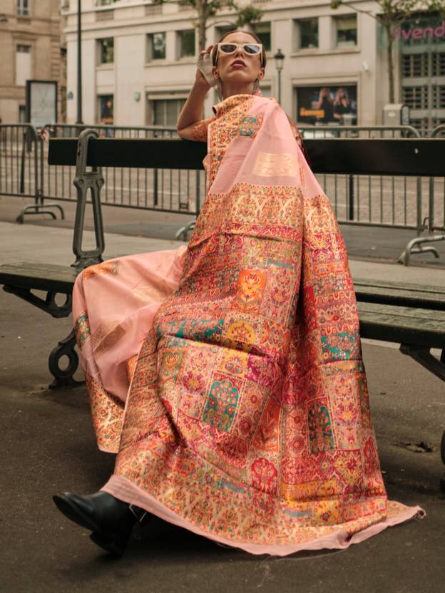 Peach Elegant Banarasi Silk Blend Woven Saree with Unstitched Blouse Piece