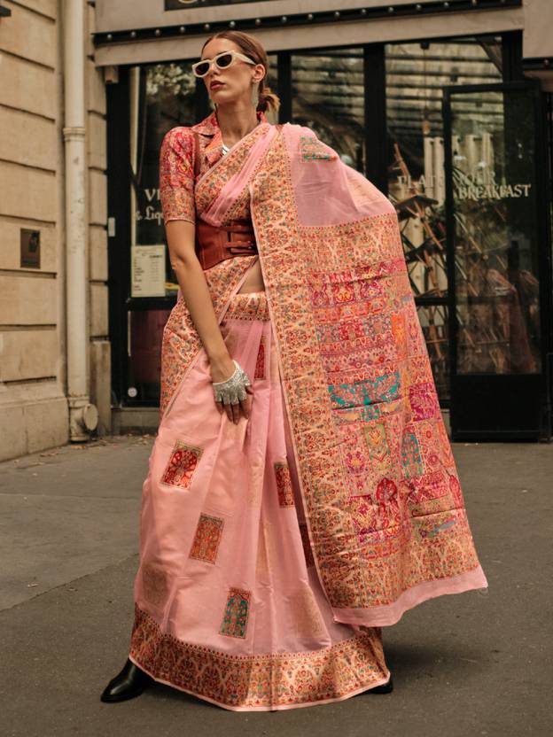 Peach Elegant Banarasi Silk Blend Woven Saree with Unstitched Blouse Piece