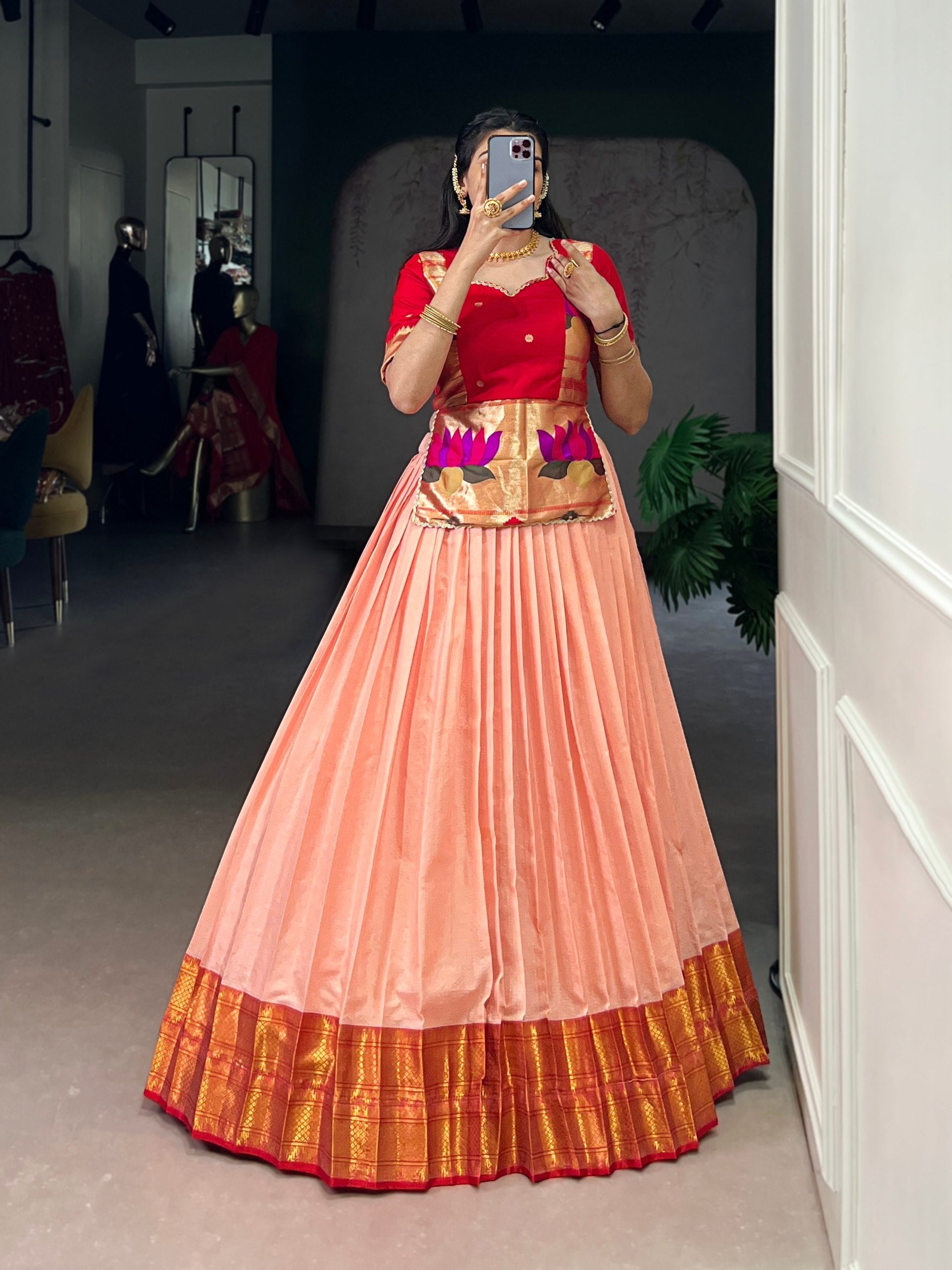 Peach Elegant Cotton Silk Zari Weaving Lehenga Choli Set with Jacquard Silk Blouse & Lace Touch – Stitched Ensemble