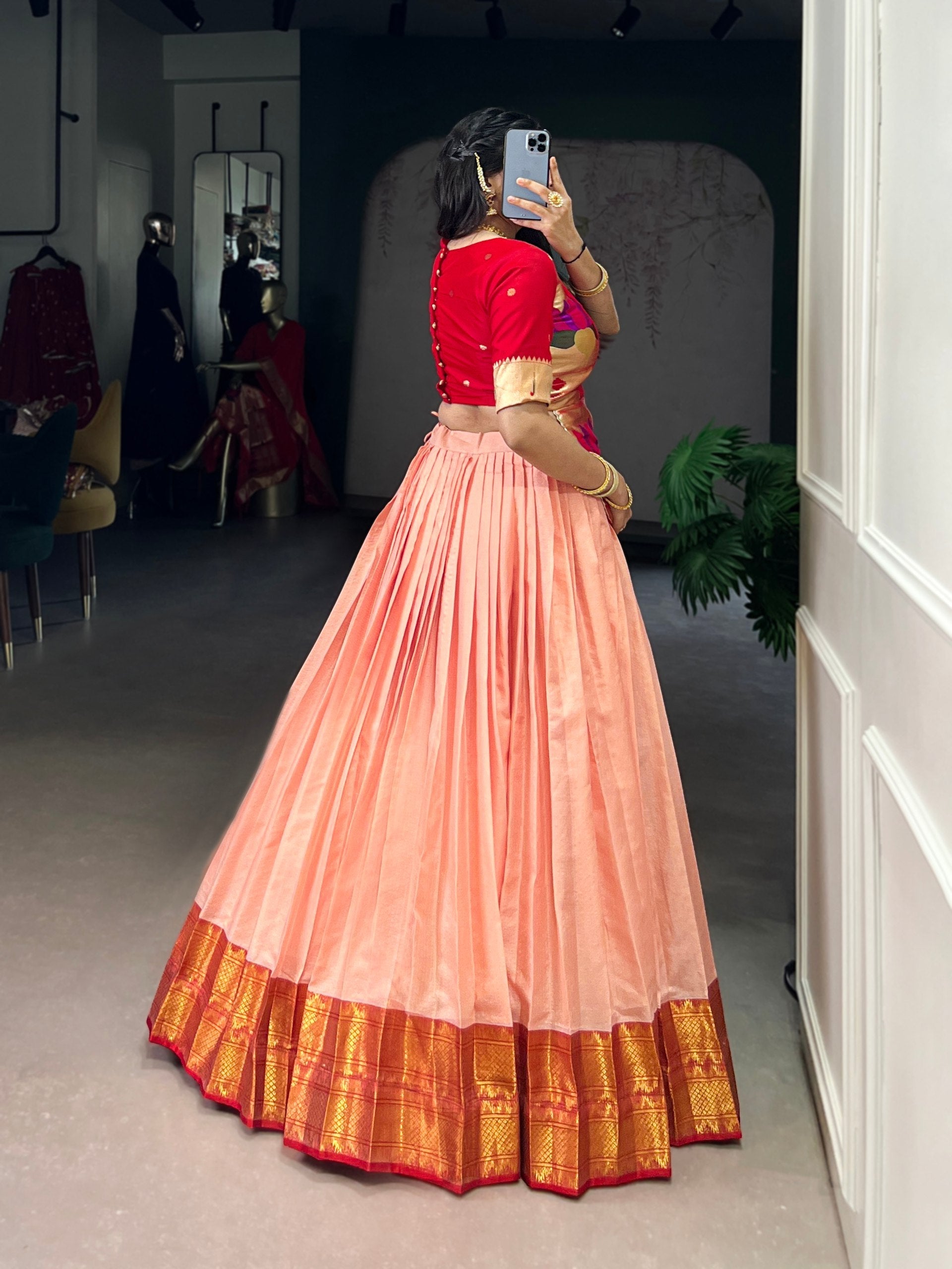 Peach Elegant Cotton Silk Zari Weaving Lehenga Choli Set with Jacquard Silk Blouse & Lace Touch – Stitched Ensemble