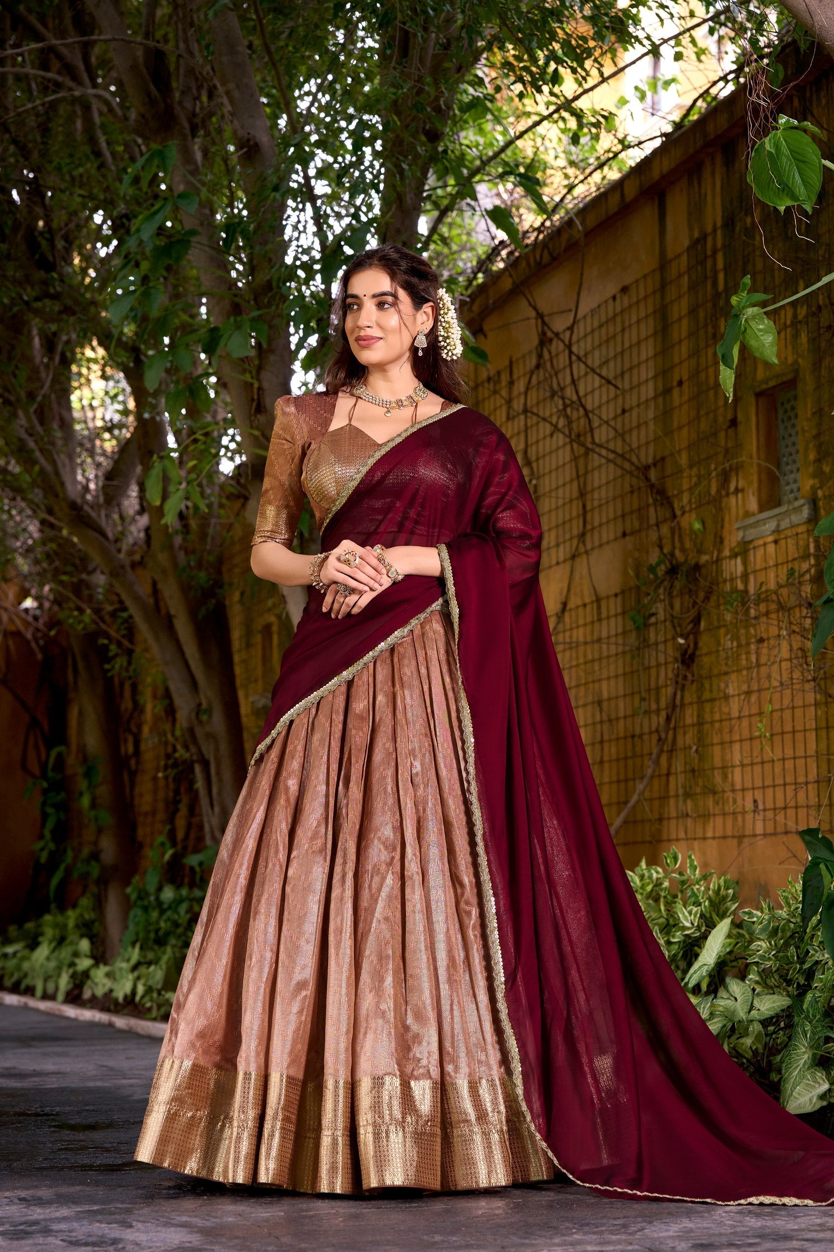 Peach Elegant Dupion Silk Stitched Lehenga with Zari Weaving Work, Unstitched Blouse & Zari Shimmer Dupatta