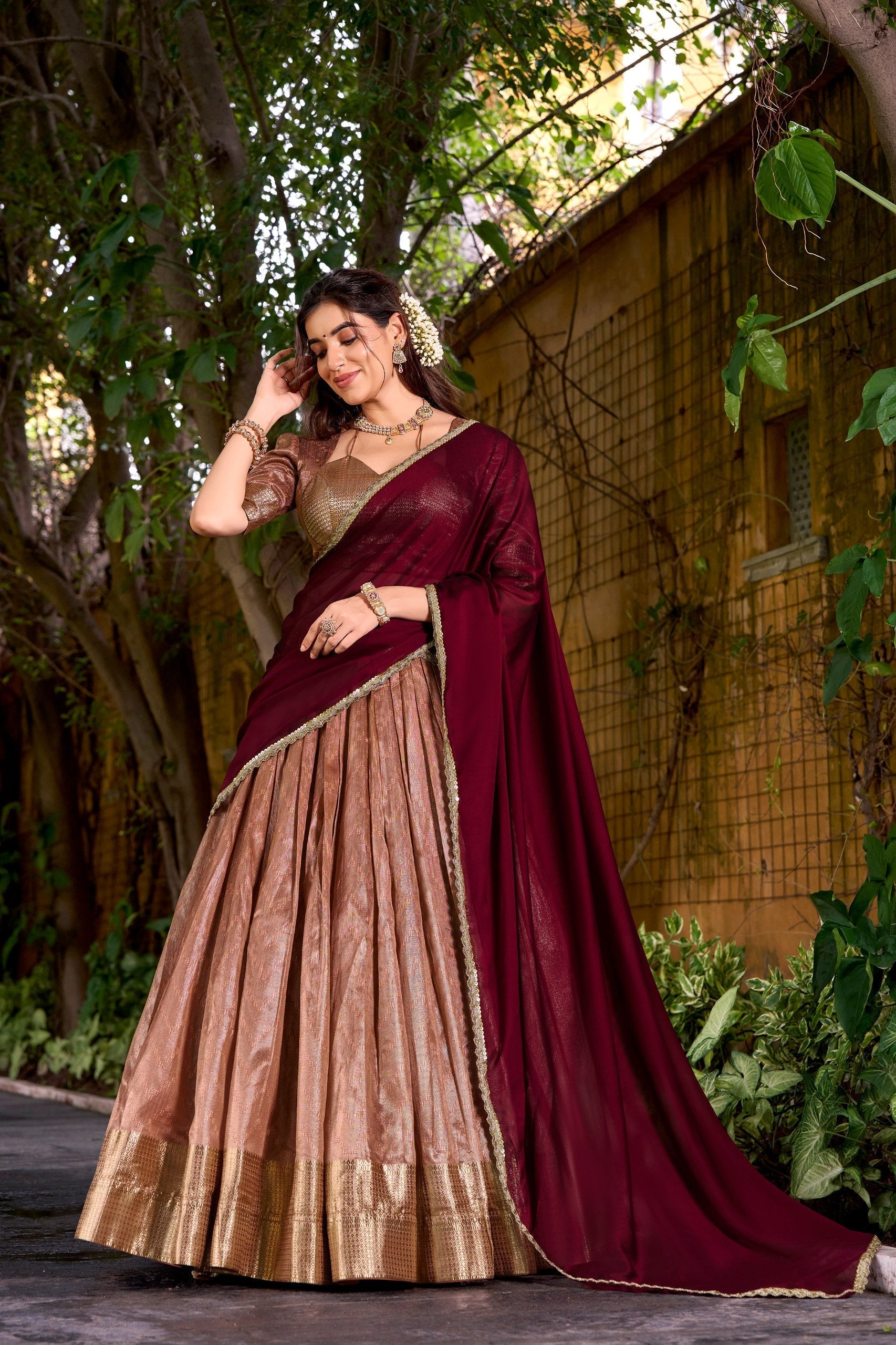 Peach Elegant Dupion Silk Stitched Lehenga with Zari Weaving Work, Unstitched Blouse & Zari Shimmer Dupatta