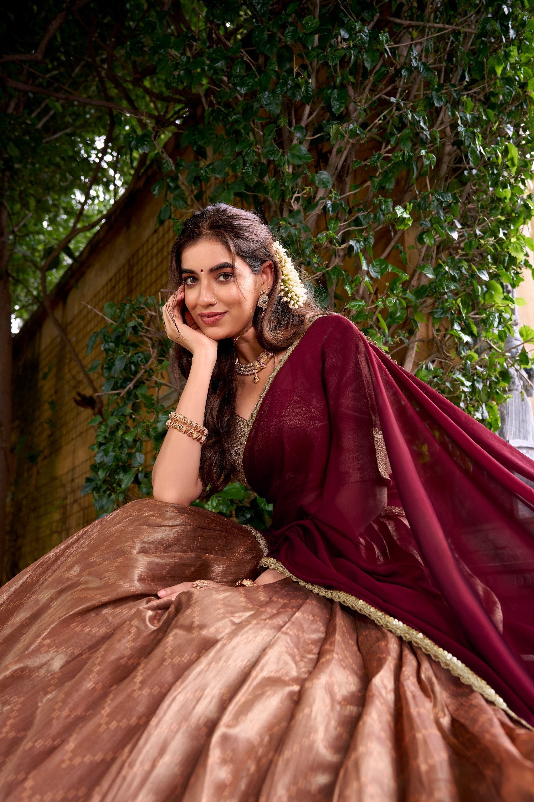 Peach Elegant Dupion Silk Stitched Lehenga with Zari Weaving Work, Unstitched Blouse & Zari Shimmer Dupatta