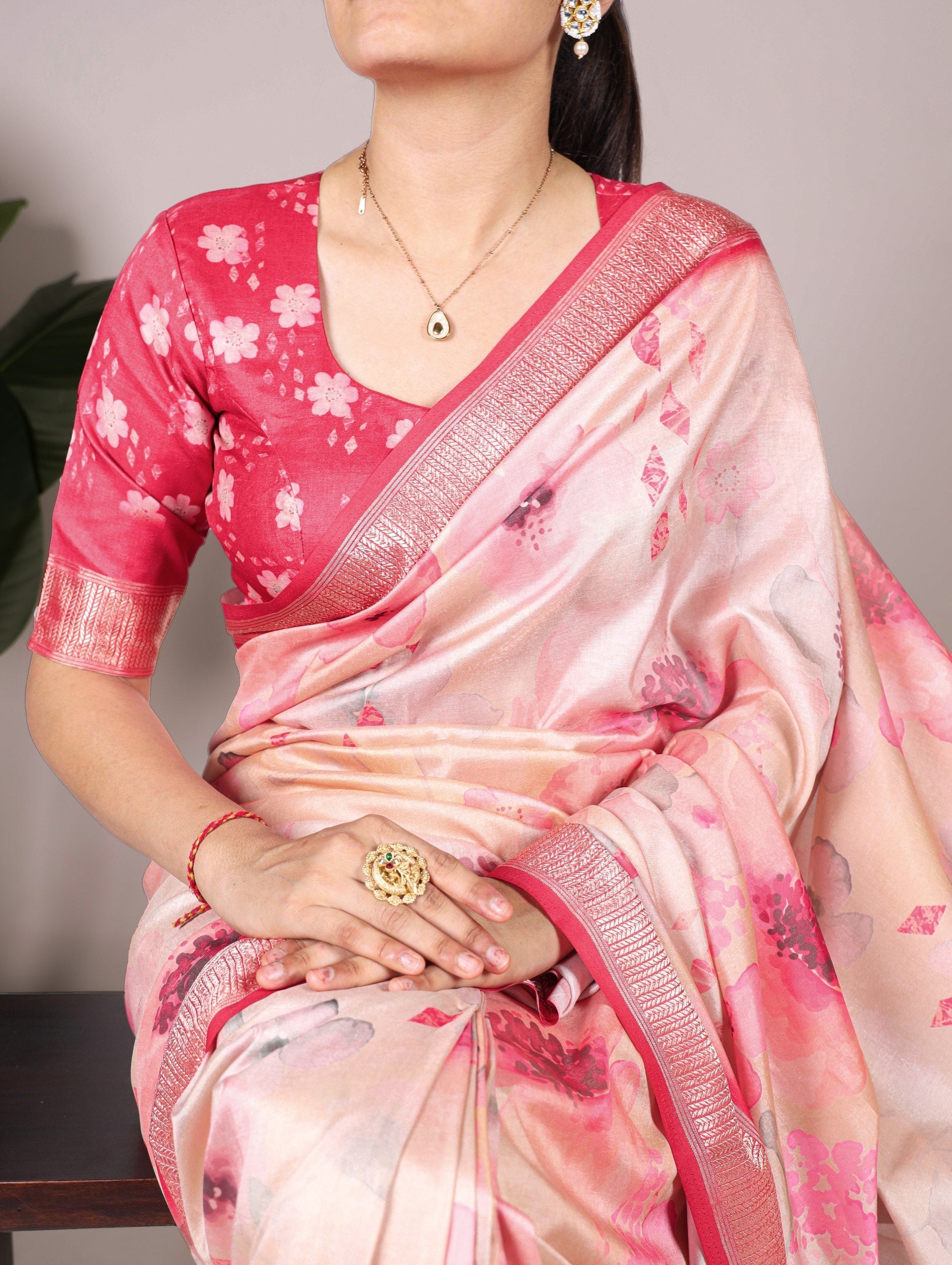 Peach Elegant Floral Printed Tussar Silk Saree with Viscose Border