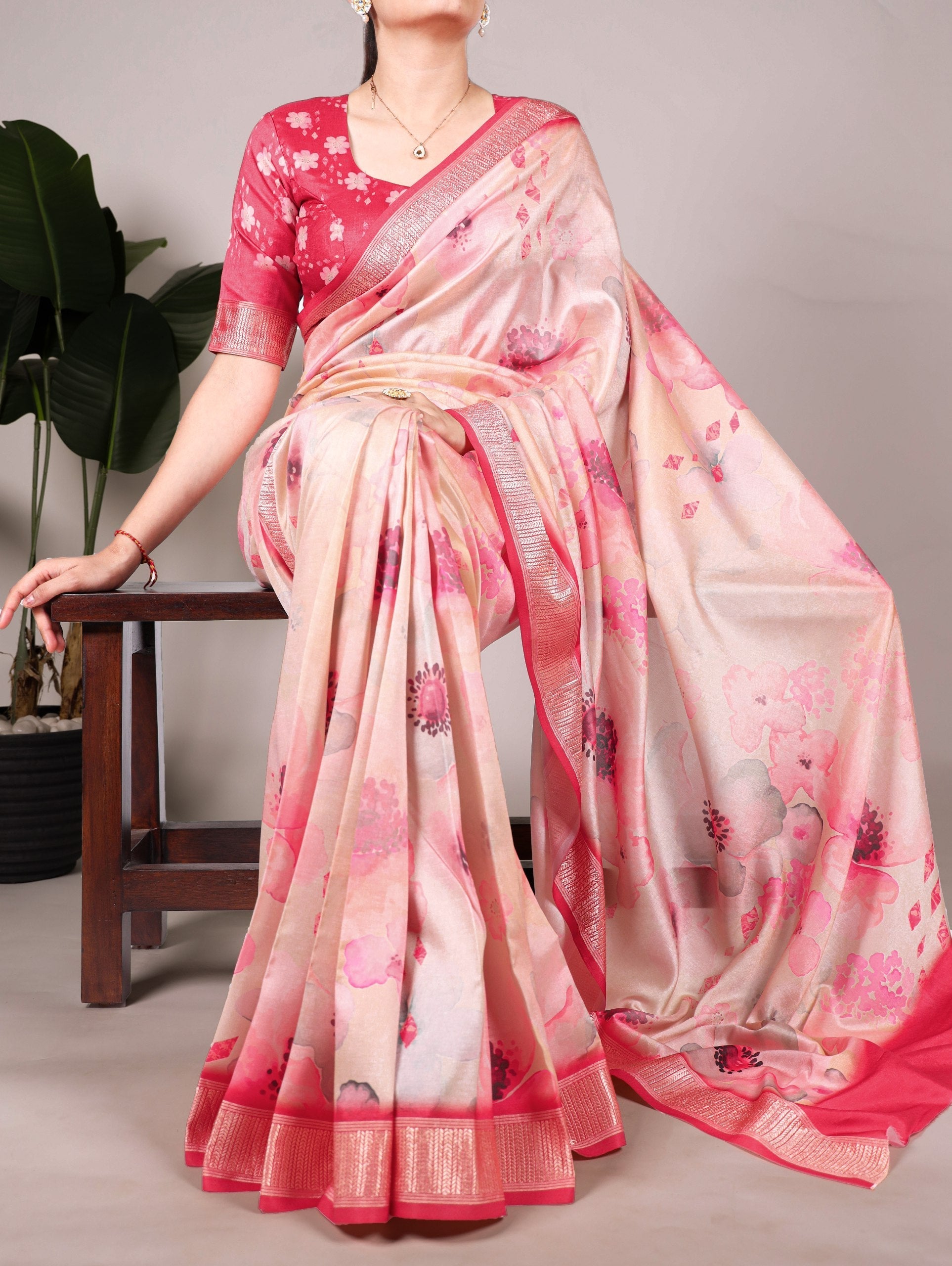 Peach Elegant Floral Printed Tussar Silk Saree with Viscose Border