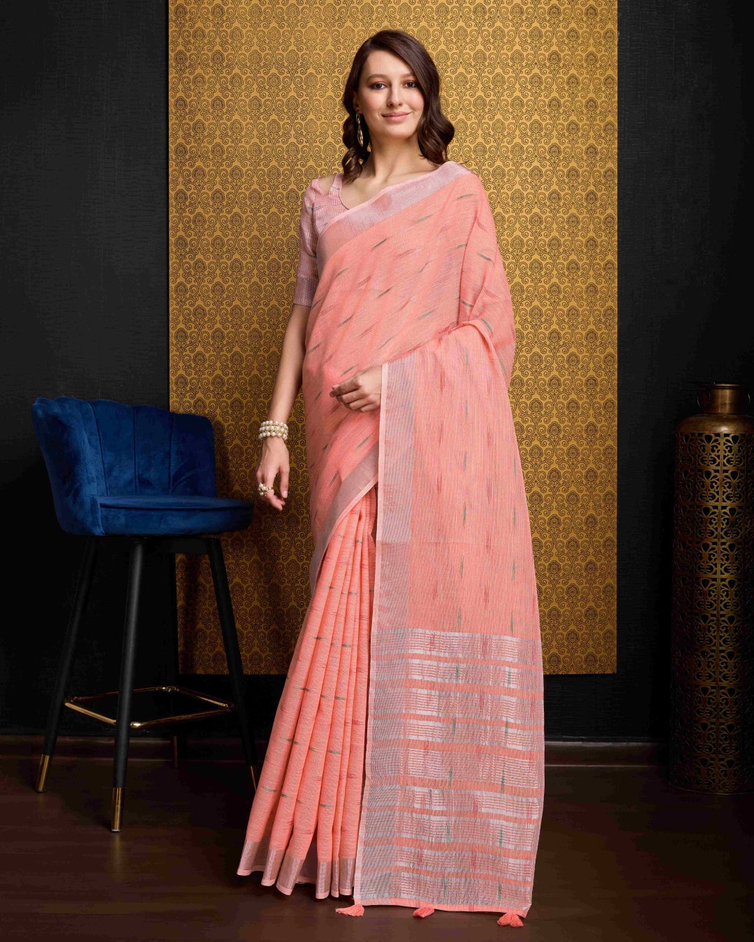 Peach Elegant & Gold-Toned Ikat Woven Saree with Zari Border