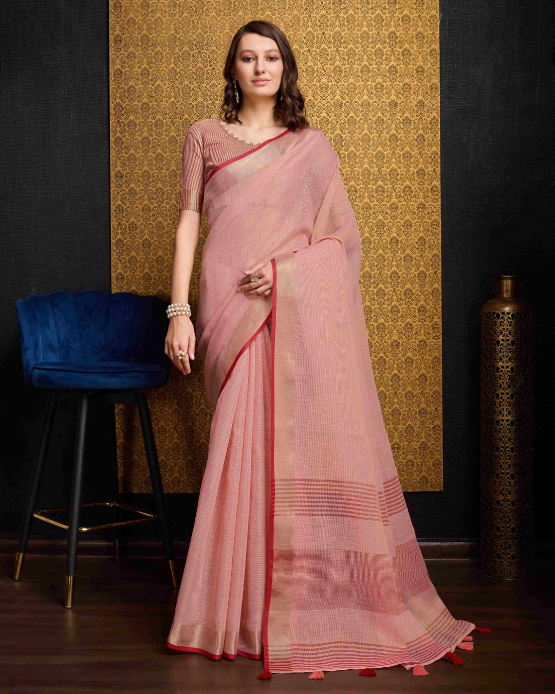Peach Elegant Solid Saree with Zari Border – Timeless Grace