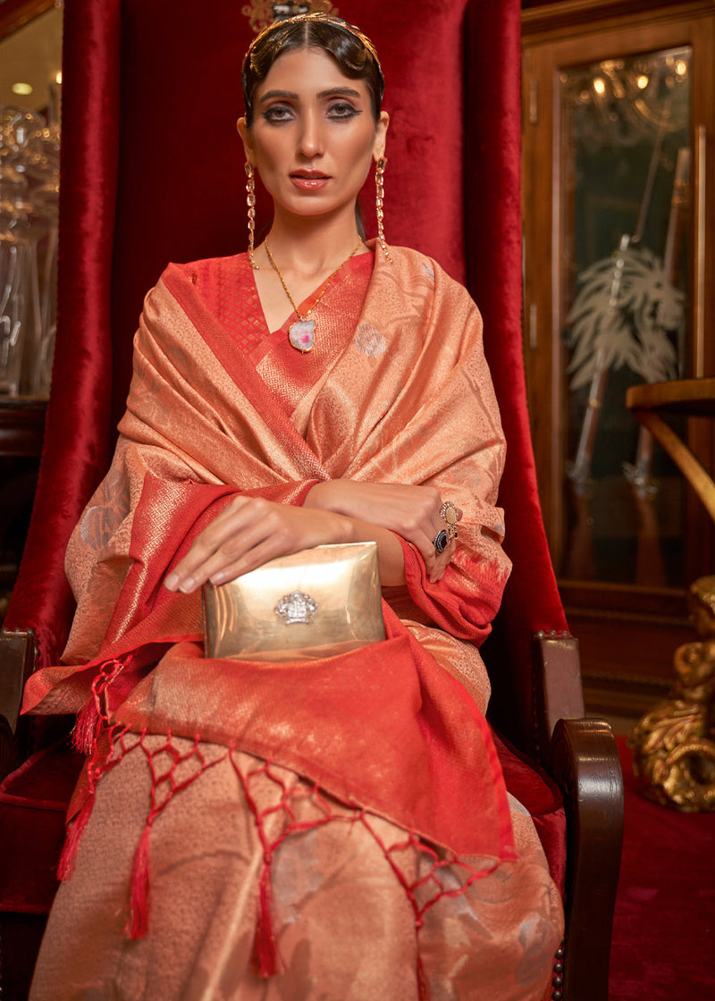 Peach Elegant Tanchoi Woven Banarasi Silk Blend Saree with Blouse Piece