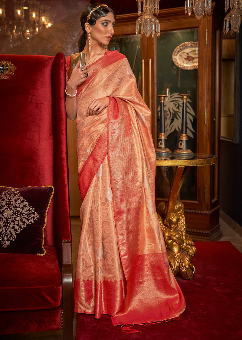Peach Elegant Tanchoi Woven Banarasi Silk Blend Saree with Blouse Piece