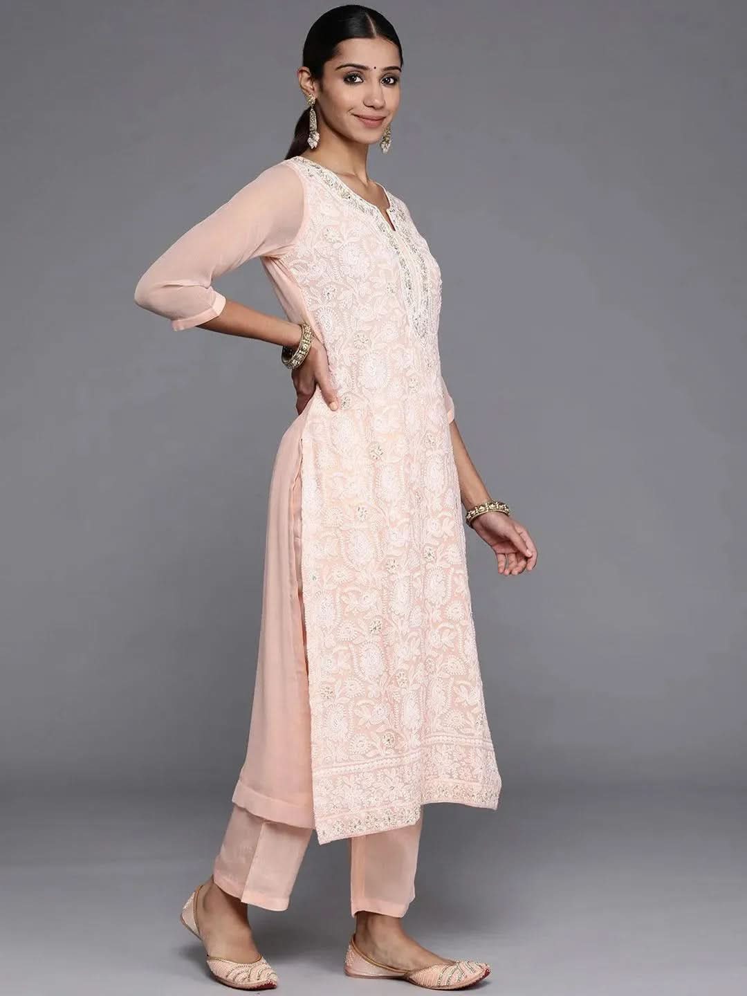Anouk Peach Embroidered Georgette Straight Kurta With Trousers & Dupatta