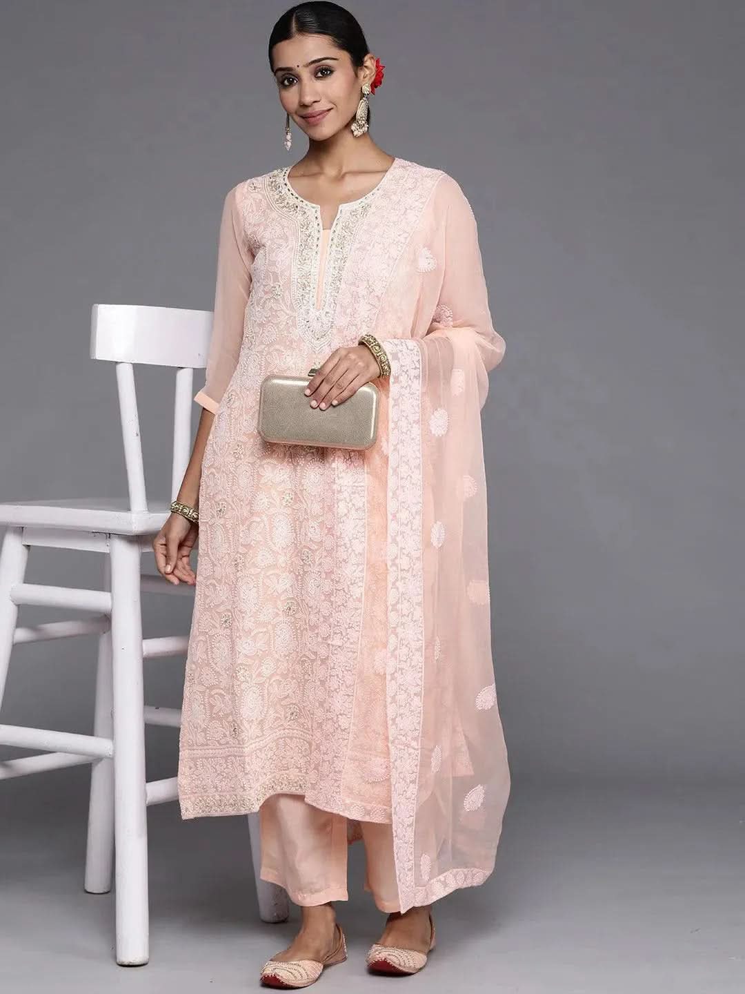 Anouk Peach Embroidered Georgette Straight Kurta With Trousers & Dupatta
