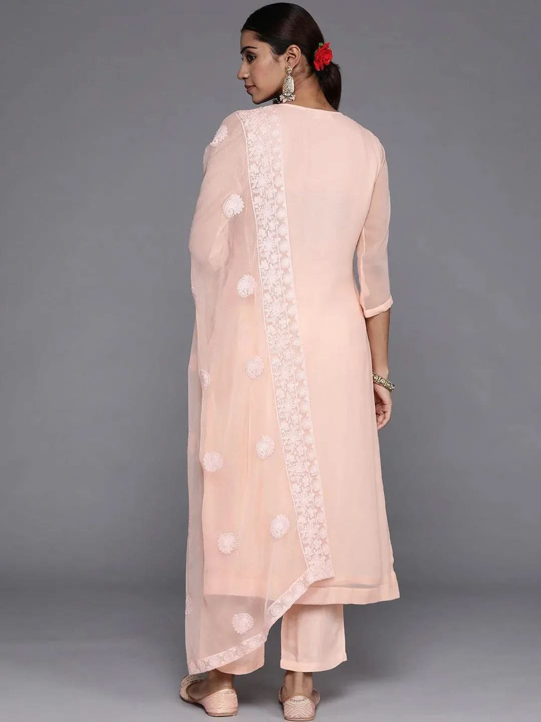 Anouk Peach Embroidered Georgette Straight Kurta With Trousers & Dupatta