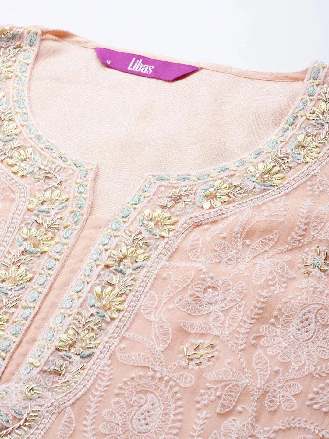 Anouk Peach Embroidered Georgette Straight Kurta With Trousers & Dupatta