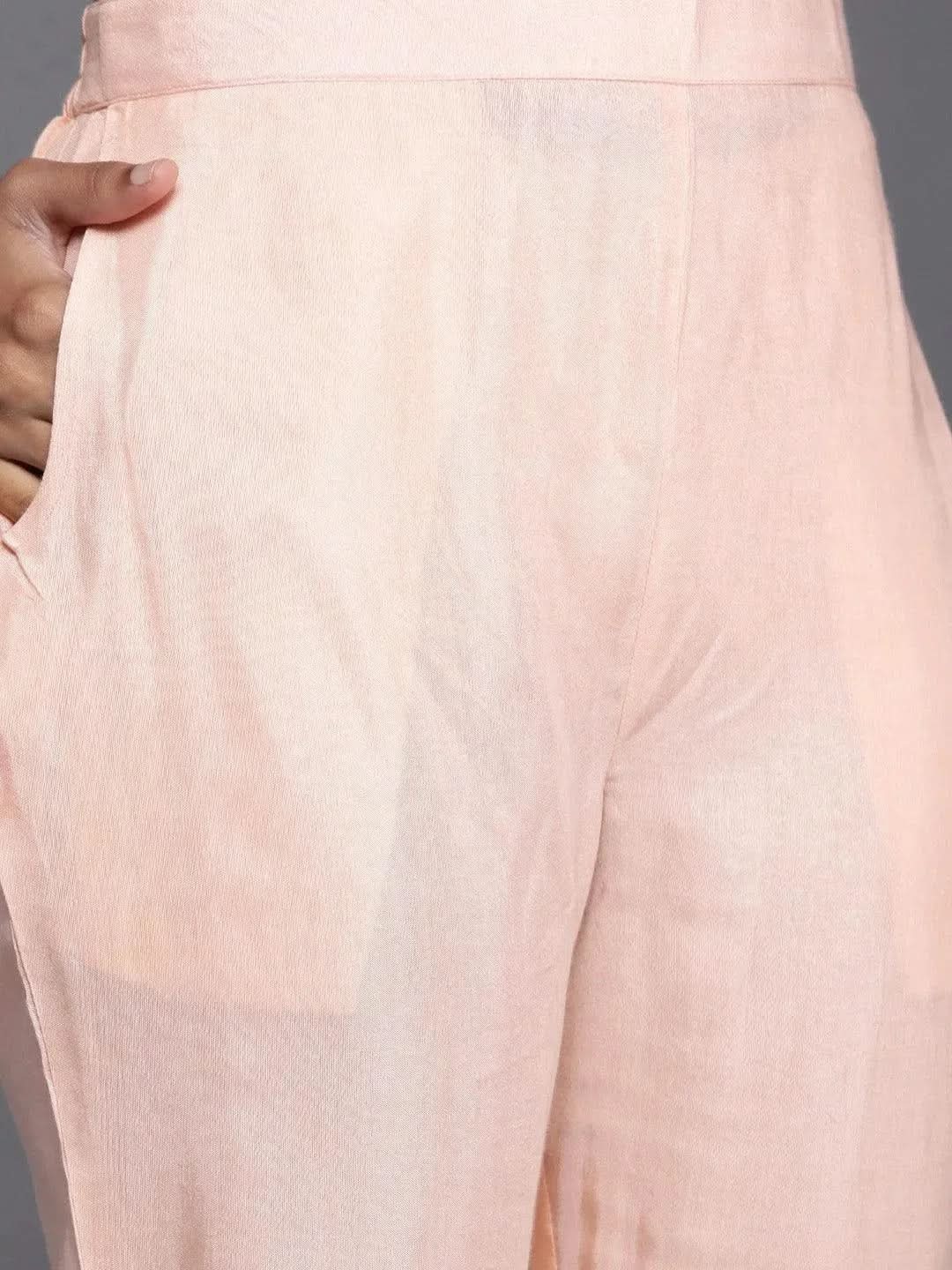 Anouk Peach Embroidered Georgette Straight Kurta With Trousers & Dupatta