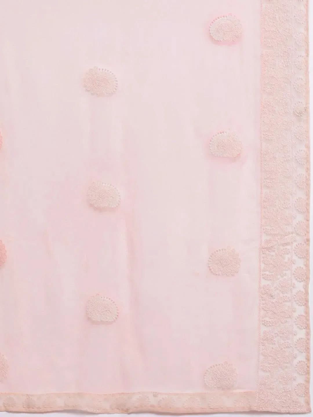 Anouk Peach Embroidered Georgette Straight Kurta With Trousers & Dupatta