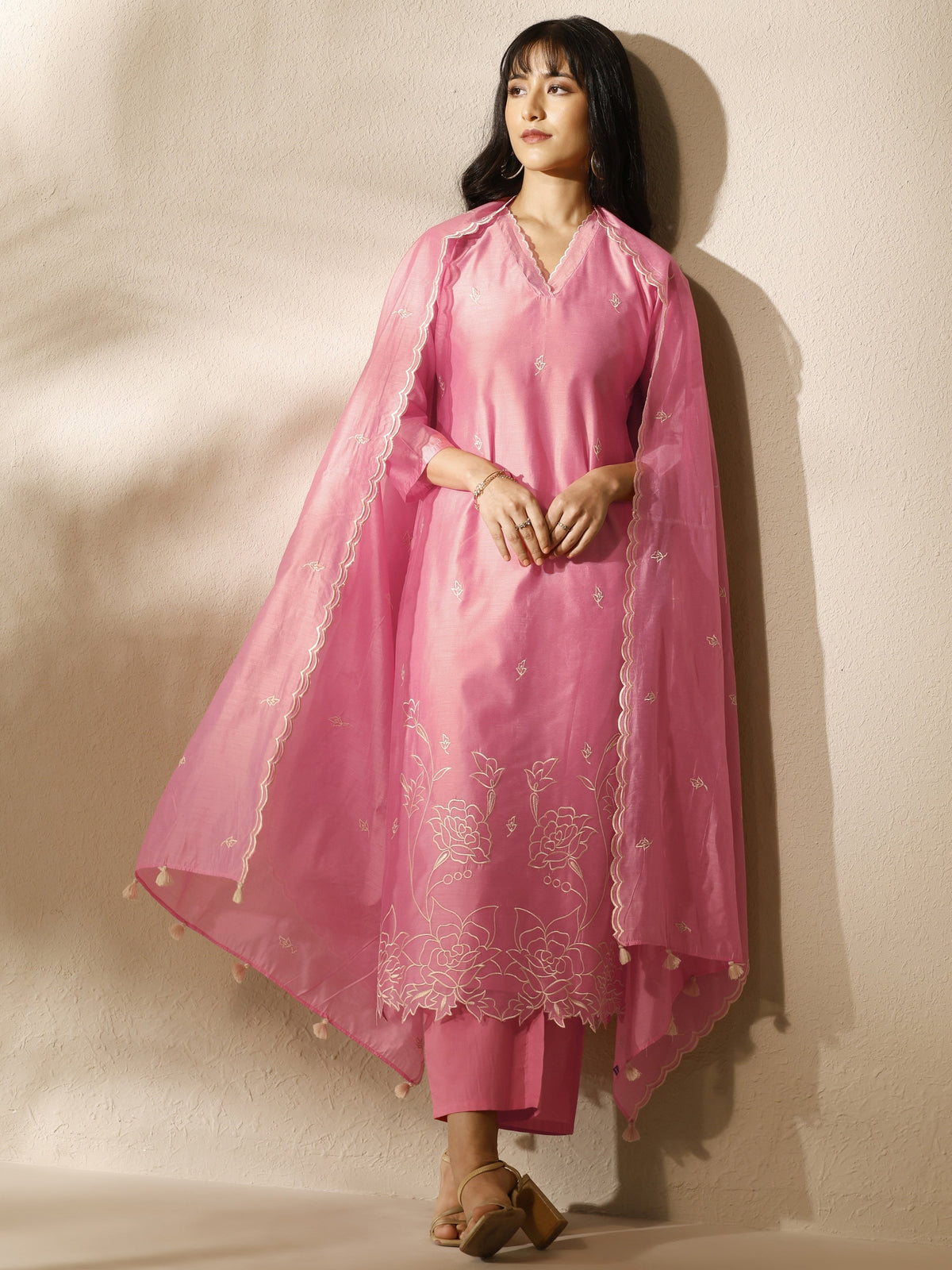 Anouk Peach Embroidered Silk Blend Straight Suit Set With Dupatta