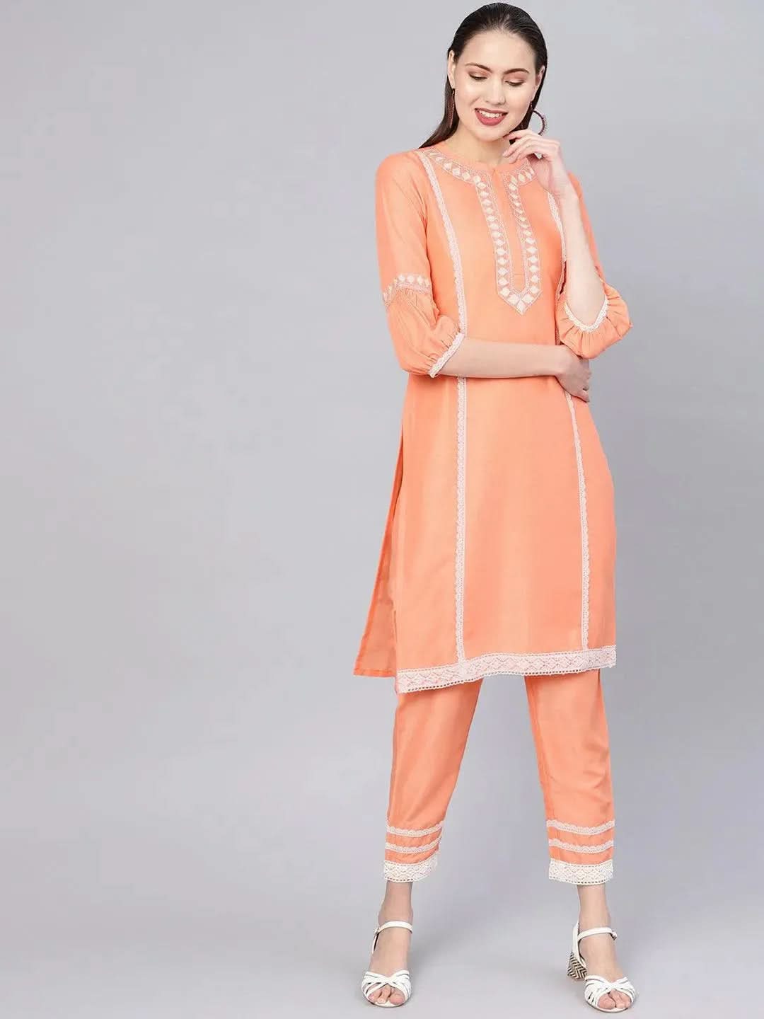 Anouk Peach Embroidered Silk Straight Kurta With Trousers