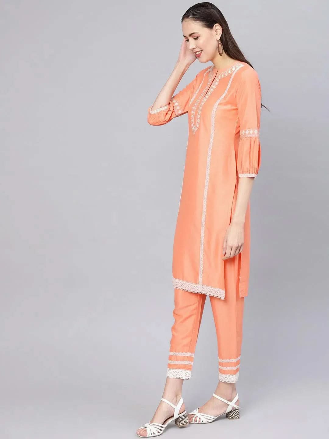 Anouk Peach Embroidered Silk Straight Kurta With Trousers