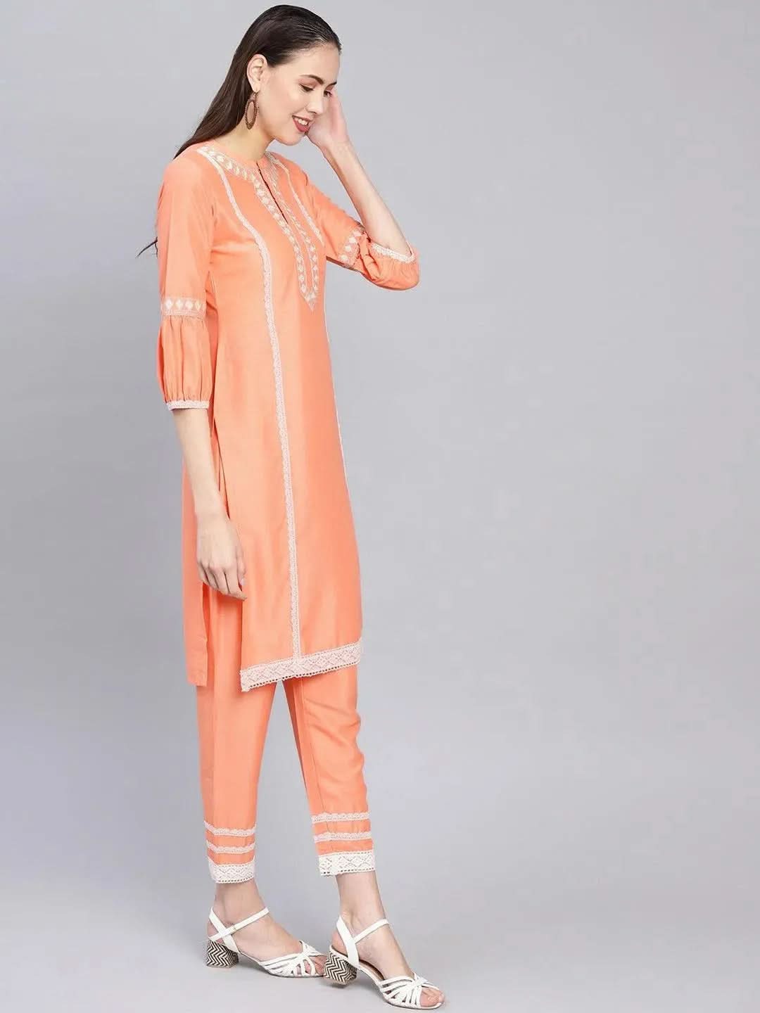 Anouk Peach Embroidered Silk Straight Kurta With Trousers
