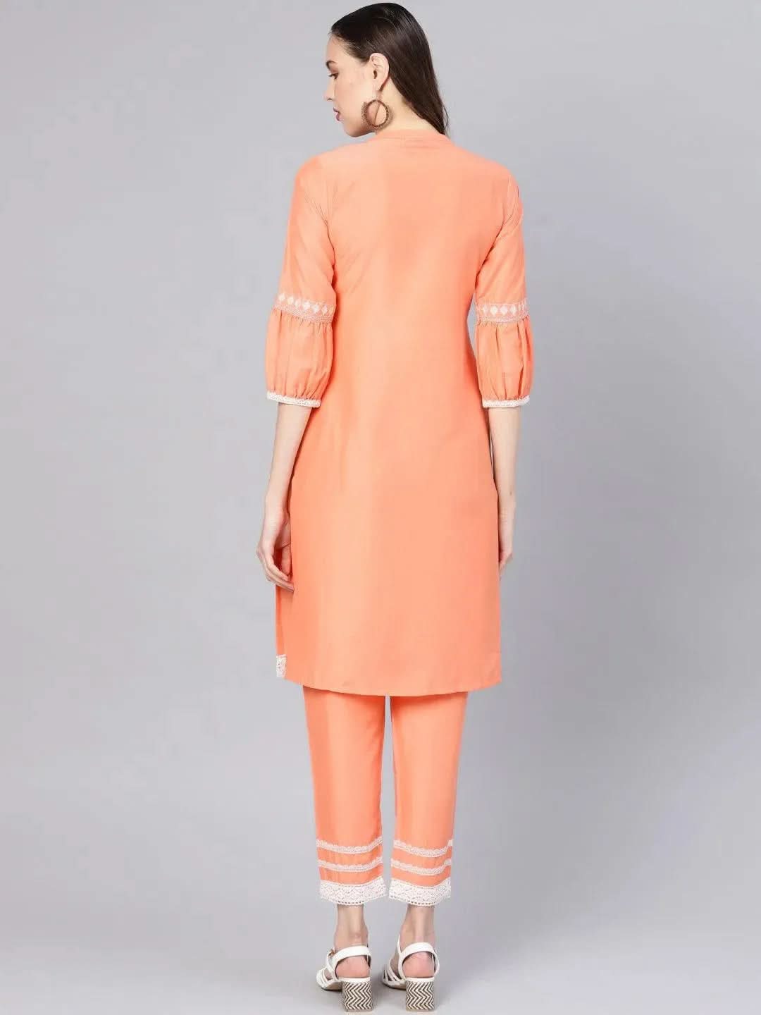 Anouk Peach Embroidered Silk Straight Kurta With Trousers