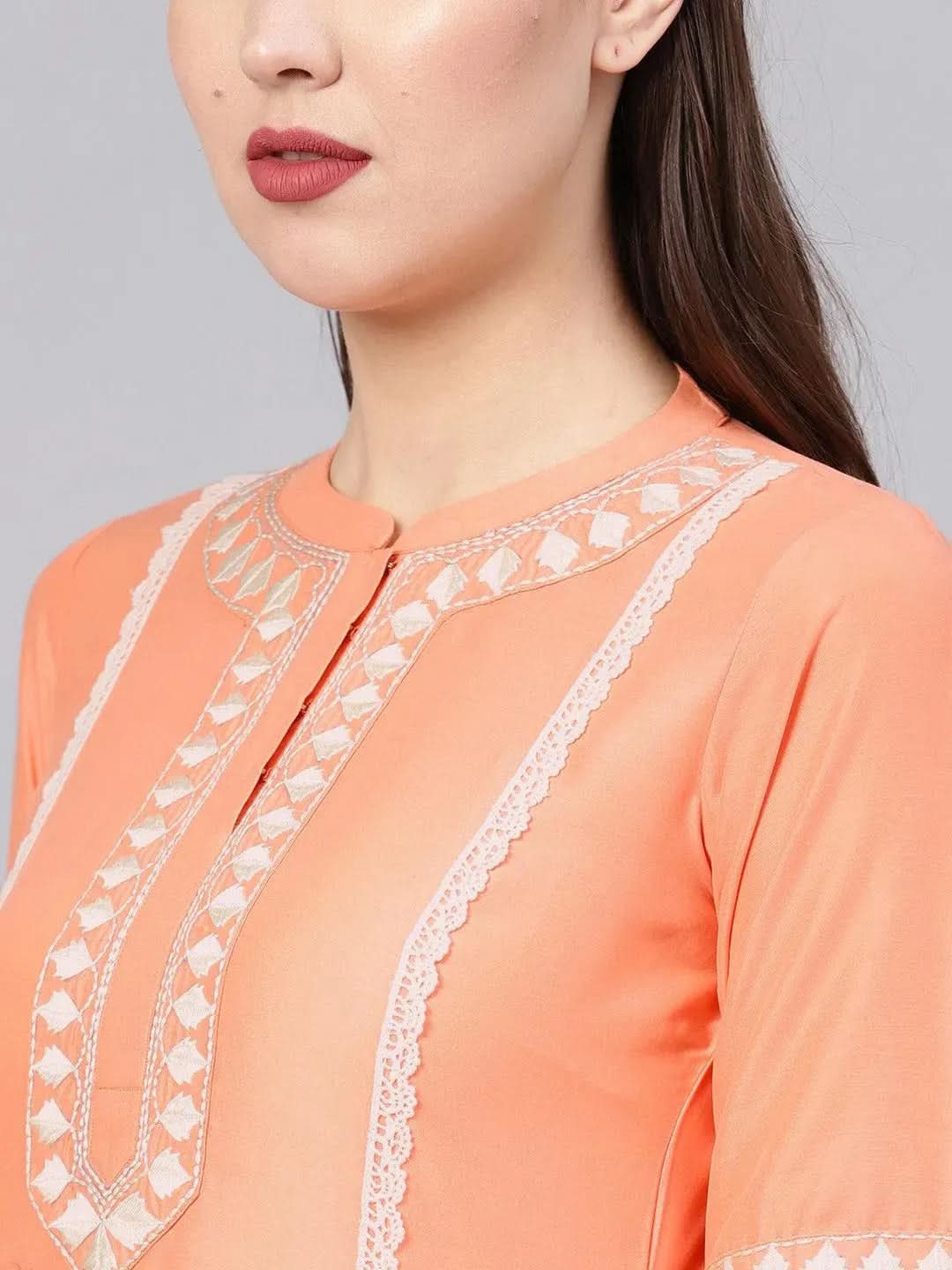 Anouk Peach Embroidered Silk Straight Kurta With Trousers