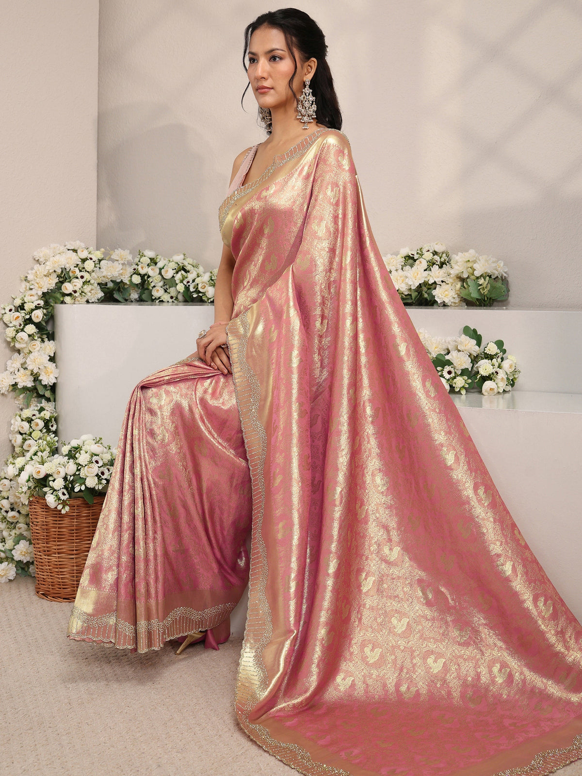 Anouk Peach Ethnic Woven Design Silk Blend Saree With Unstitched Blouse Piece