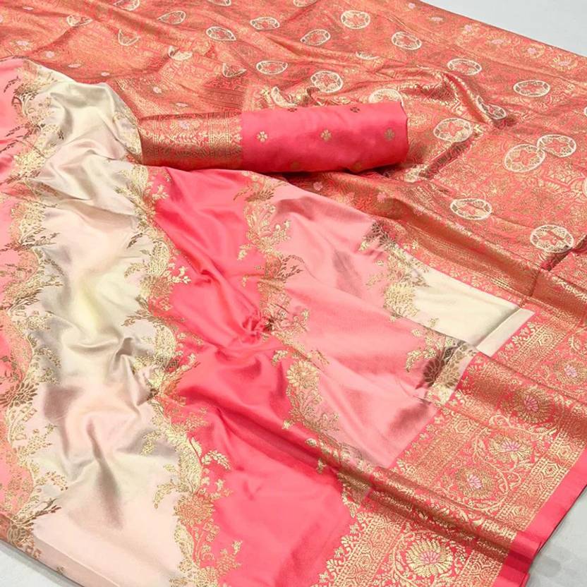 Peach Graceful Art Silk Printed Handloom Saree with Unstitched Blouse Piece