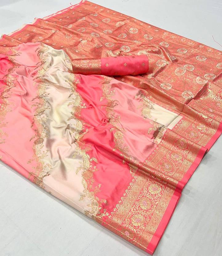 Peach Graceful Art Silk Printed Handloom Saree with Unstitched Blouse Piece