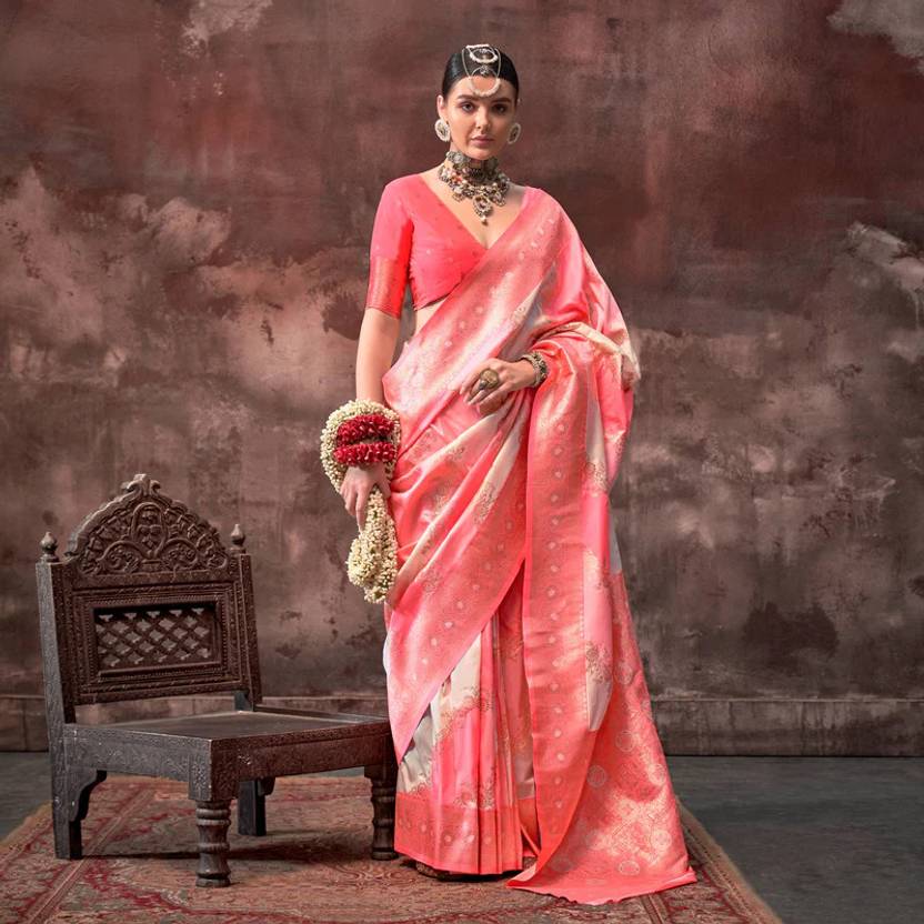 Peach Graceful Art Silk Printed Handloom Saree with Unstitched Blouse Piece