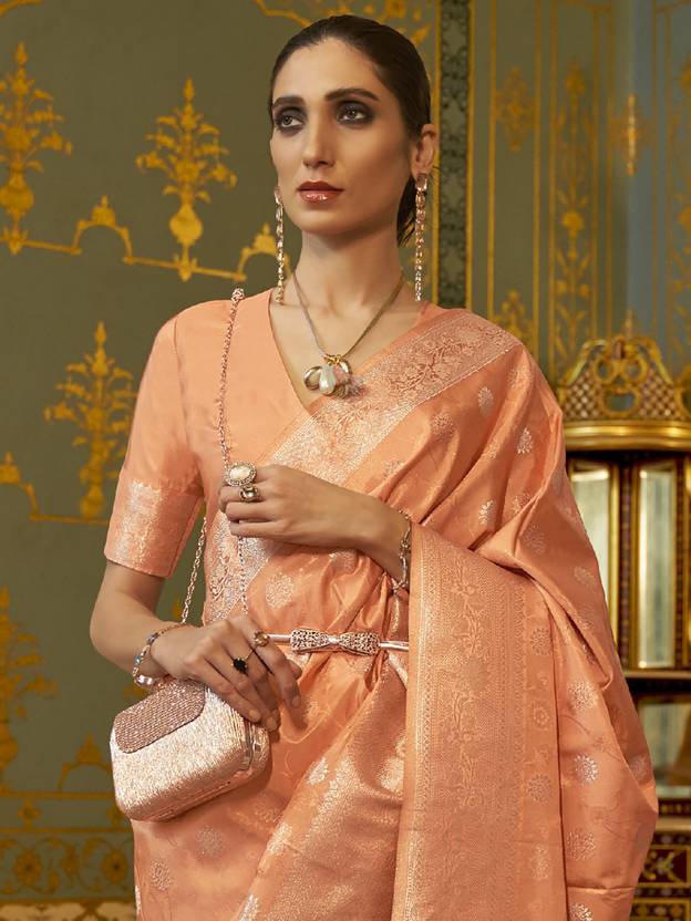 Peach Graceful Banarasi Silk Blend Saree with Unstitched Blouse Piece