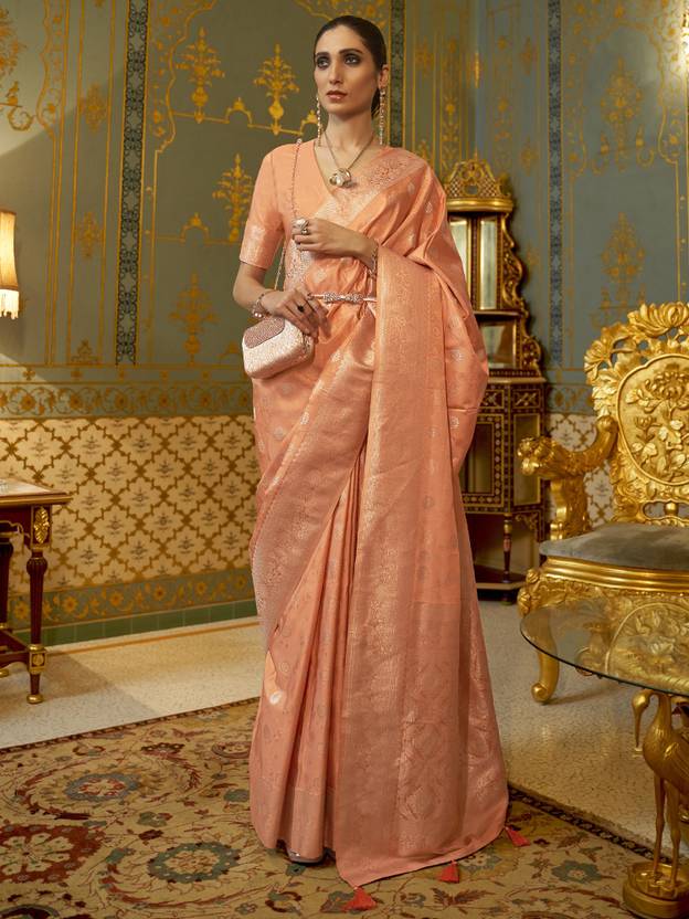 Peach Graceful Banarasi Silk Blend Saree with Unstitched Blouse Piece