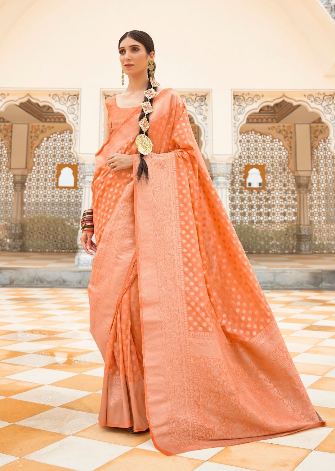 Peach Graceful Georgette Saree with Unstitched Blouse Piece
