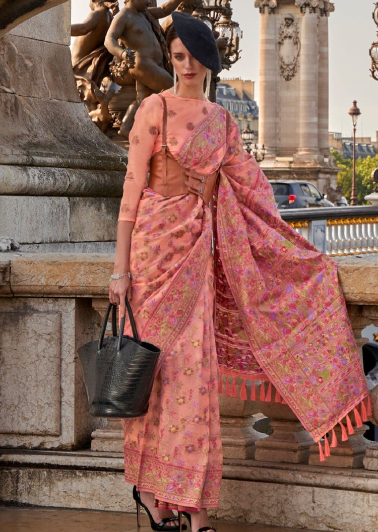 Peach Graceful Organza Silk Parsi Handloom Weaving Saree with Blouse Piece