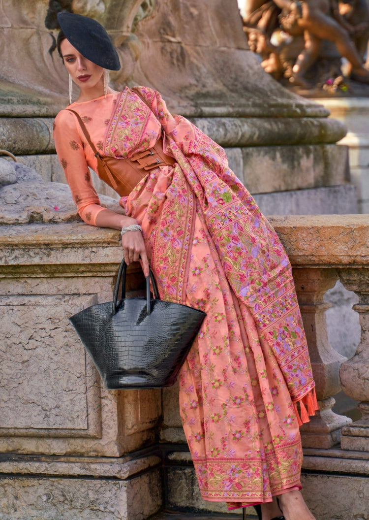 Peach Graceful Organza Silk Parsi Handloom Weaving Saree with Blouse Piece